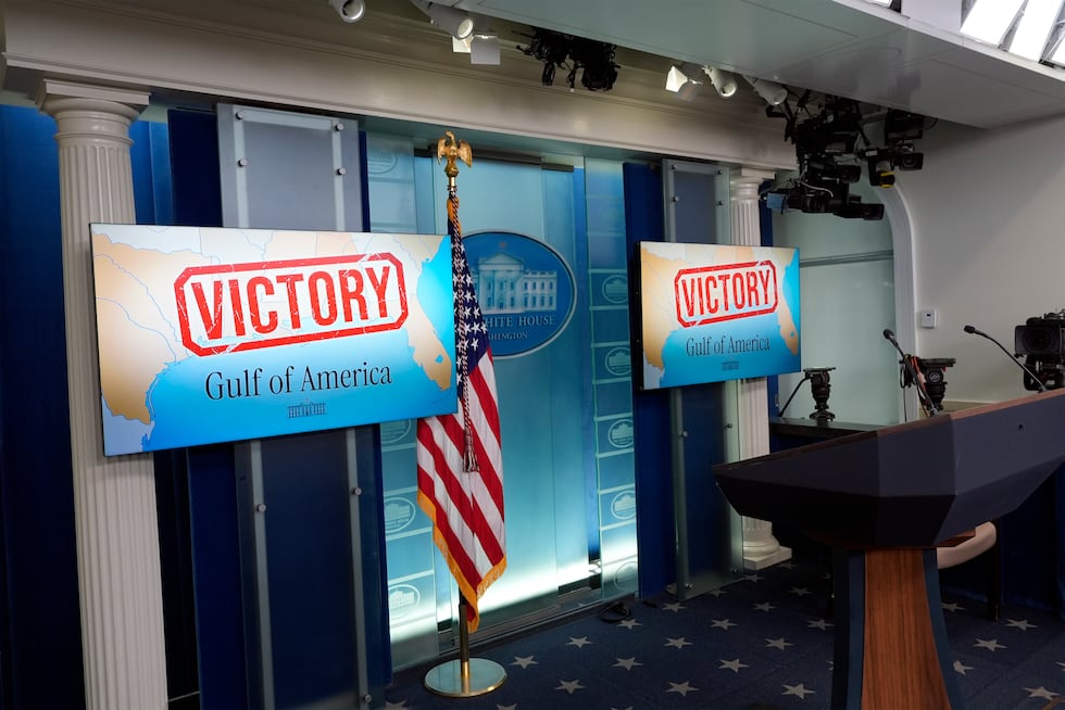 Monitors are seen behind the podium in the James Brady Press Briefing Room at the White House,...