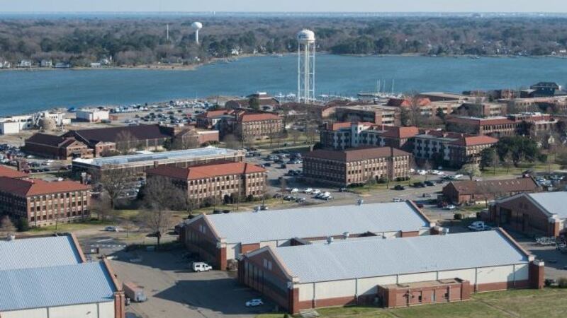 A view of Joint Base Langley-Eustis, Virginia, from a U.S. Army CH-47 Chinook helicopter,...