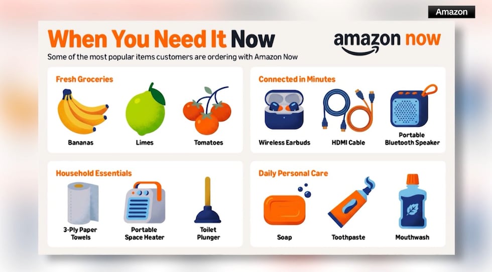 Amazon Now can deliver thousands of items from fresh groceries to household items in 30...